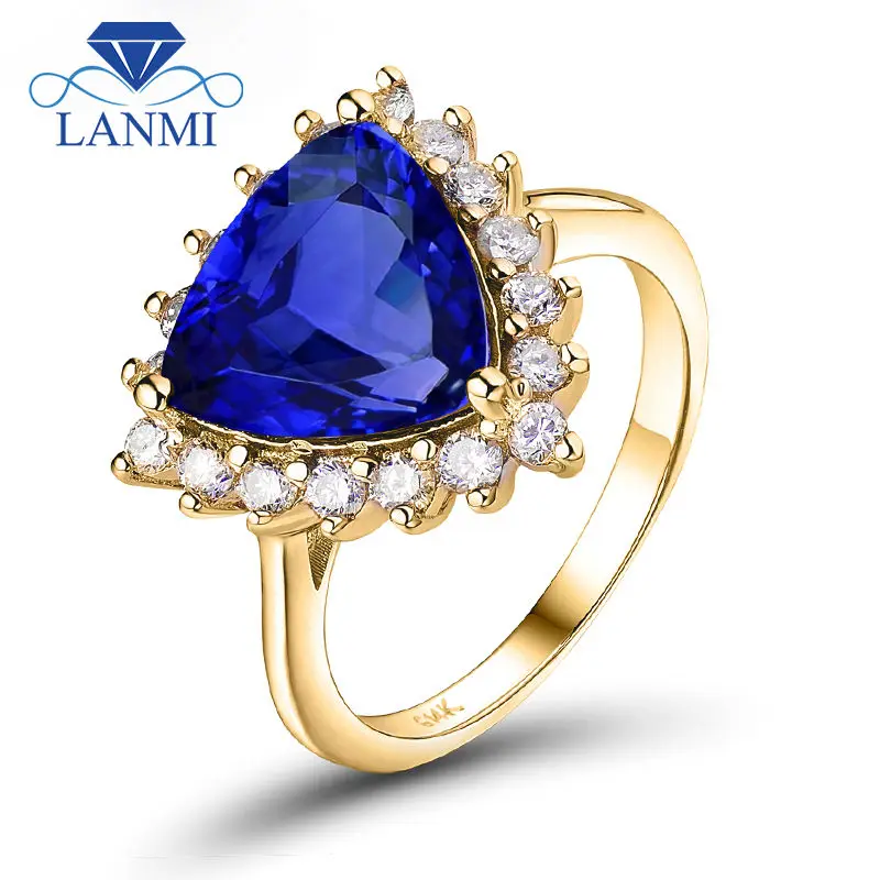 

Rings For Women Real 14K Yellow Gold Trillion 8x8mm Natural Tanzanite Diamond Anniversary Ring for Wife Loving Jewelry Gift