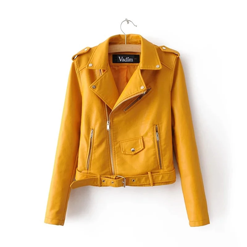 Женская мотоциклетная куртка яркого цвета из искусственной кожи на молнии с