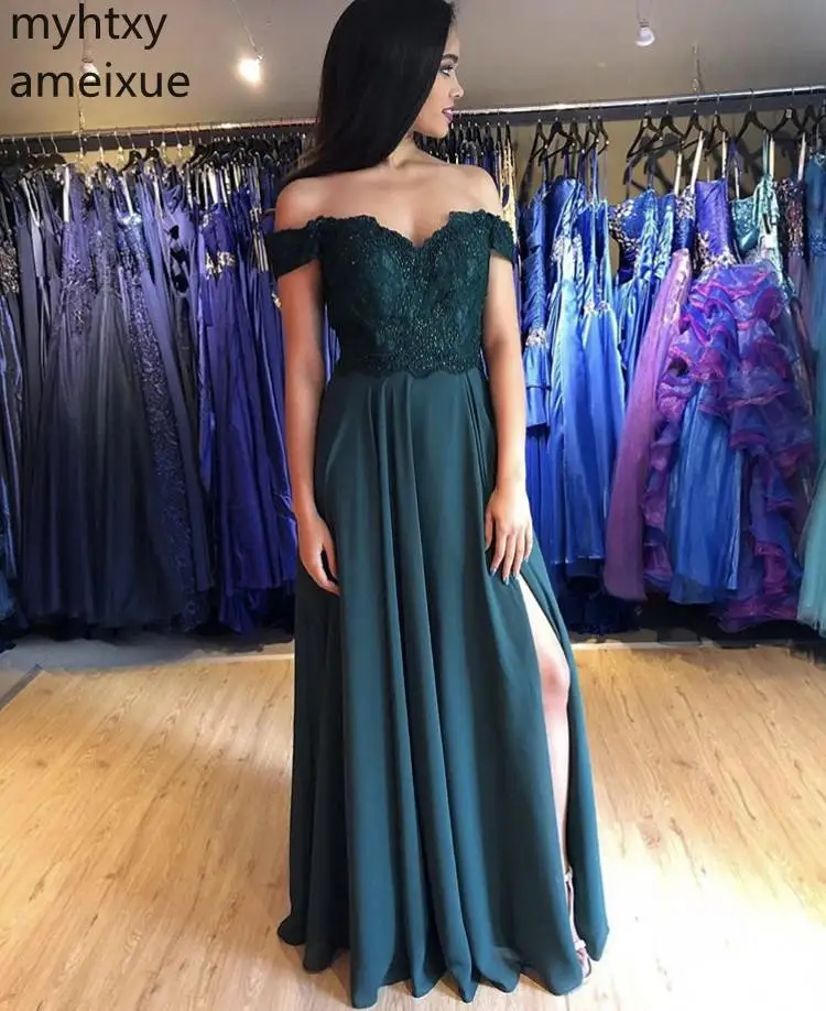 Gorgeous Dark Green Evening Dresses One Word Collar Boat Neck Lace Applique Floor Length A-line Side Slit Chiffon Party Prom
Gorgeous Dark Green Evening Dresses One Word Collar Boat Neck Lace Applique Floor Length A-line Side Slit Chiffon Party Prom