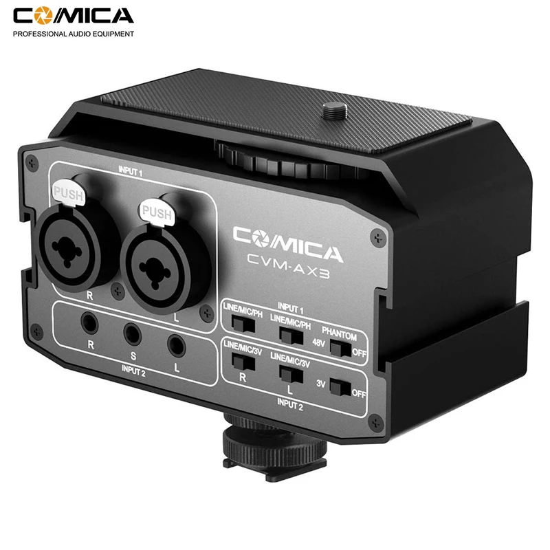 

Фотоусилитель Comica CVM-AX3 XLR с двумя разъемами XLR/3,5 мм/6,35 мм для цифровых зеркальных камер и видеокамер Canon Nikon