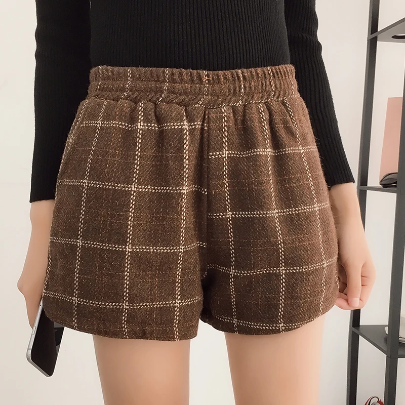 Winter woolen shorts Boots Plus Size Women Large Thicken Plaid Casual Elastic Waist bootcut Lattice Loose Wide Leg | Женская одежда