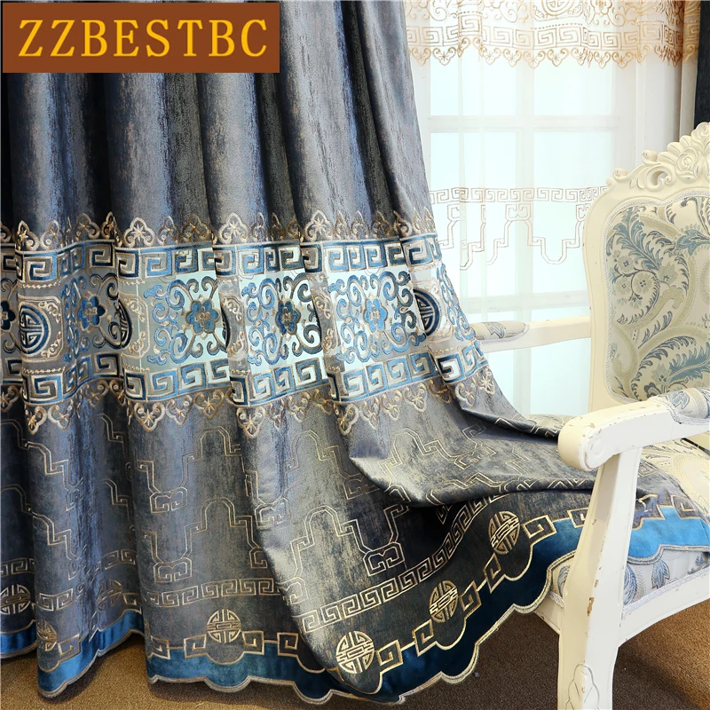 European high quality villa dark blue velvet embroidered flat curtains for living room with luxurious tulle for bedroom kitchen
European high quality villa dark blue velvet embroidered flat curtains for living room with luxurious tulle for bedroom kitchen