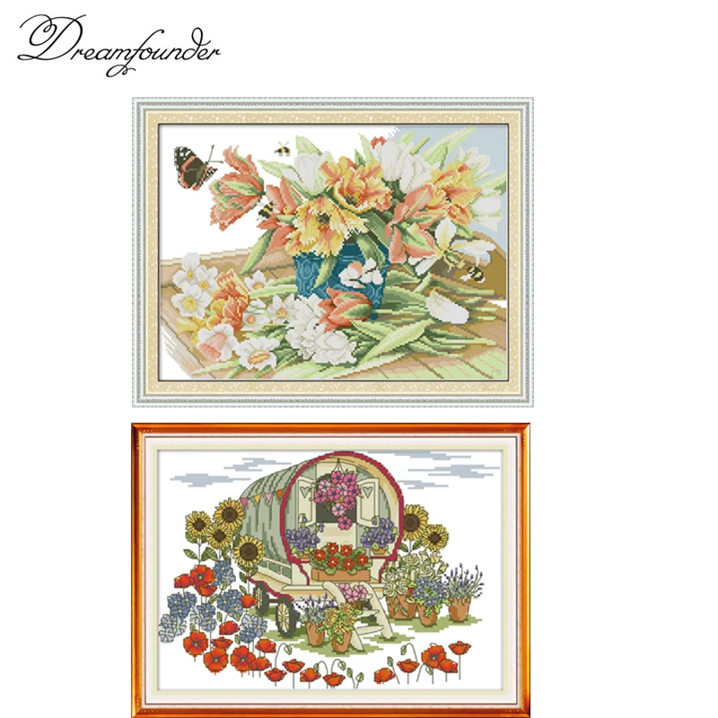 

Butterflies love flowers 16 Flower car cross stitch kit aida 14ct 11ct count print canvas stitches embroidery DIY handmade needl