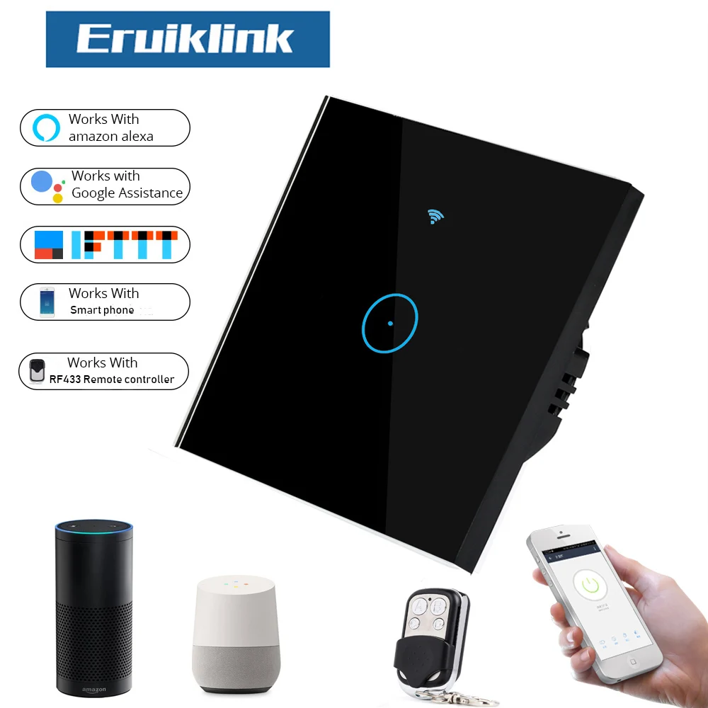 Eruiklink Smart Wifi Light Switch Alexa Google Home Voice 1 Gang EU Type Touch Panel Timer 433mhz Works With Sonoff RF Bridge
Eruiklink Smart Wifi Light Switch Alexa Google Home Voice 1 Gang EU Type Touch Panel Timer 433mhz Works With Sonoff RF Bridge
