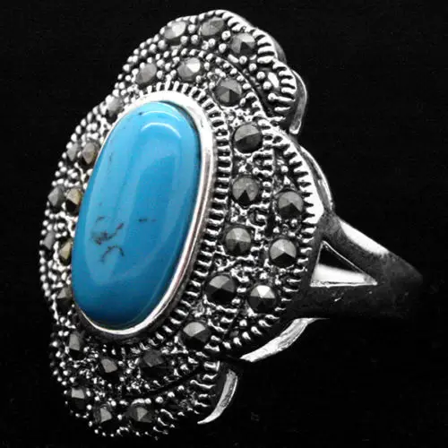 Фото 24*16 мм Винтажный стиль синий натуральный бирюзовый 925 серебро марказит кольцо