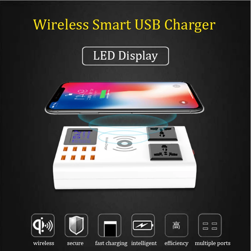CDA10W Wireless Charger 8 USB Port 2 AC Socket Smart Charger LED Display EU US UK Plug Power Socket Adapter Mobile Phone Charger
CDA10W Wireless Charger 8 USB Port 2 AC Socket Smart Charger LED Display EU US UK Plug Power Socket Adapter Mobile Phone Charger
