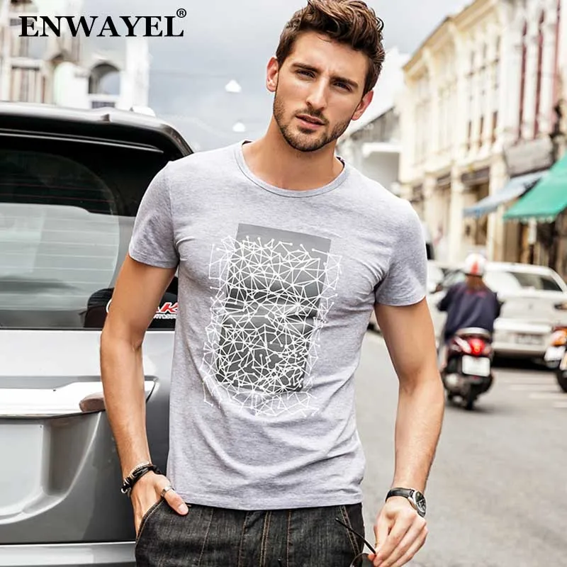 ENWAYEL Brand 2018 New Summer T Shirt Men Mesh Print Casual Fashion Slim Fit Stretch Top Tees Short sleeve 94% Cotton | Мужская одежда