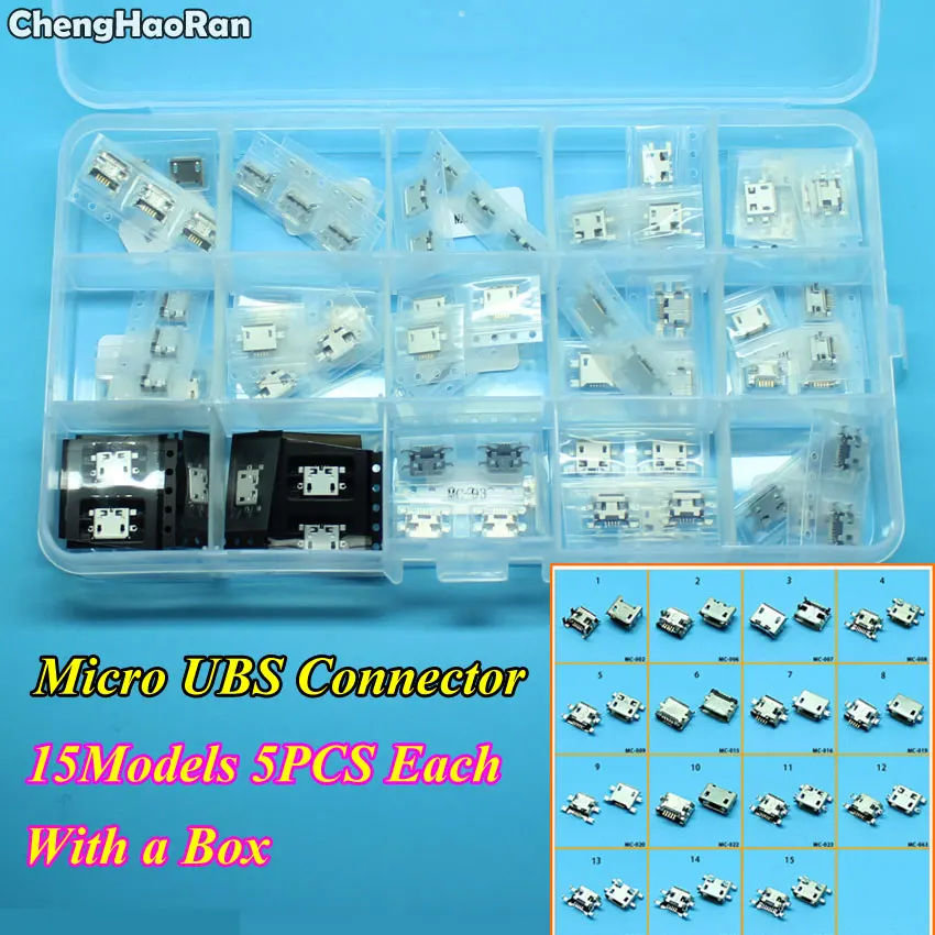 ChengHaoRan 15 models 75pcs Micro USB 5P,5-pin Micro USB Jack,7Pins Micro USB Connector Tail Charging port socket plug power
ChengHaoRan 15 models 75pcs Micro USB 5P,5-pin Micro USB Jack,7Pins Micro USB Connector Tail Charging port socket plug power