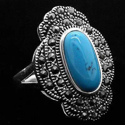Hot selling>@@ 24*16mm Vintage Style Blue 925 Sterling Silver Marcasite Ring Size 7/8/9/10 -Bride jewelry free shippin
Hot selling>@@ 24*16mm Vintage Style Blue 925 Sterling Silver Marcasite Ring Size 7/8/9/10 -Bride jewelry free shippin
