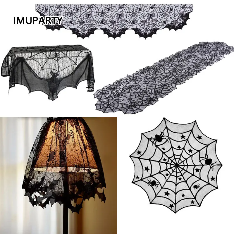 Black Lace Spiderweb Halloween Decorations Table Runner Light Cover Tablecloth Bat Curtain Home Decor Fireplace Mantle Scarf | Дом и сад
