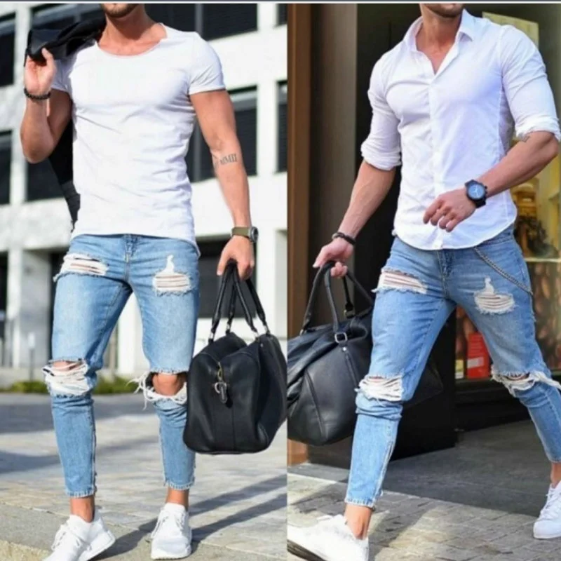 Mens Ripped Jeans Solid Summer Casual Slim Pencil Pants Blue Ankle-Length Low Waist Skinny Denim Trousers Streetwear 224-144
Mens Ripped Jeans Solid Summer Casual Slim Pencil Pants Blue Ankle-Length Low Waist Skinny Denim Trousers Streetwear 224-144