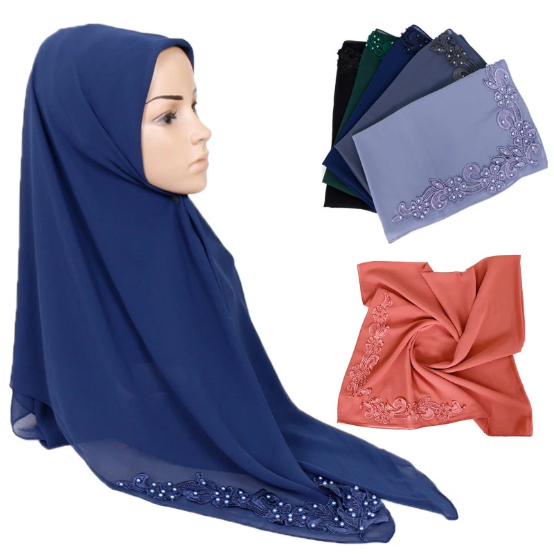 Цветок с вышивкой мусульманский женский головной платок жемчугом шифоновая шаль
