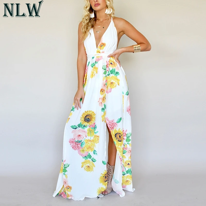 NLW белое платье длиной до пола с цветочным принтом Летнее Длинное Платье открытой
