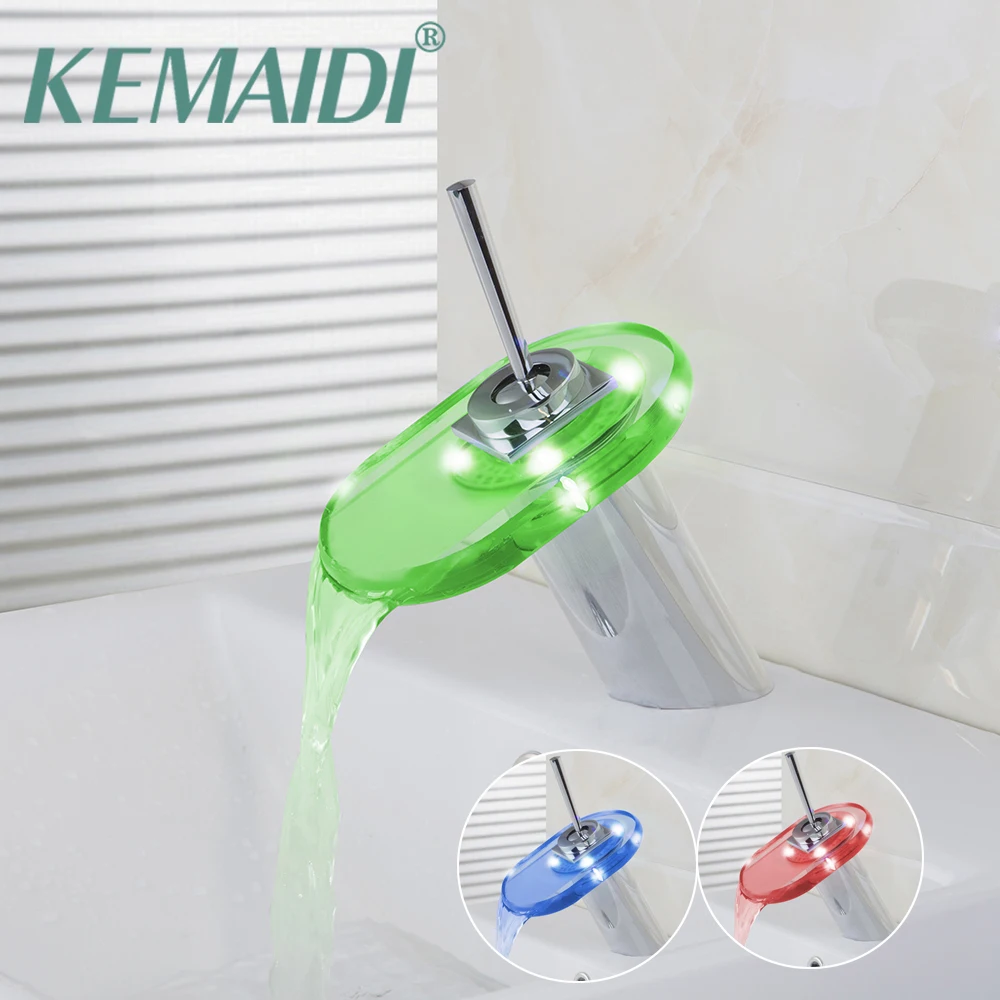 

KEMAIDI Bathroom Fasucet Led light Mixer Polished Chrome Bathroom Basin Vessel Mixer Waterfall Tap LED Faucets Deck Mounted