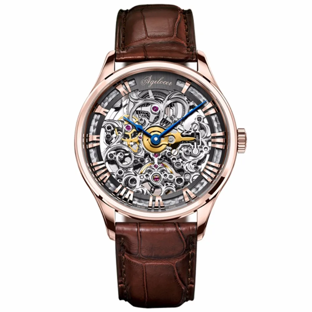 

Agelocer Luxury Skeleton Watches Rose Gold Genuine Leather Strap Mechanical Watches Roman Numeral Mens Wristwatches 5401