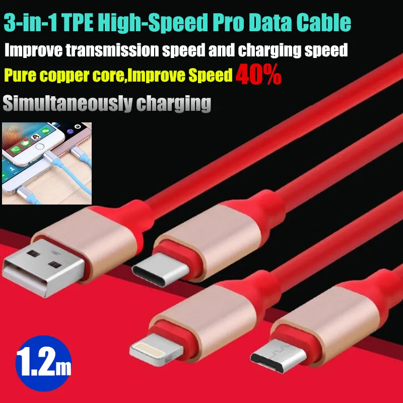 200p 3 in 1 Pure Copper Core TPE High-Speed Data Cable,Improve Speed&Fast Charging 40%,For iPhone 8P Type-C Micro USB,2.1A,1.2m
200p 3 in 1 Pure Copper Core TPE High-Speed Data Cable,Improve Speed&Fast Charging 40%,For iPhone 8P Type-C Micro USB,2.1A,1.2m