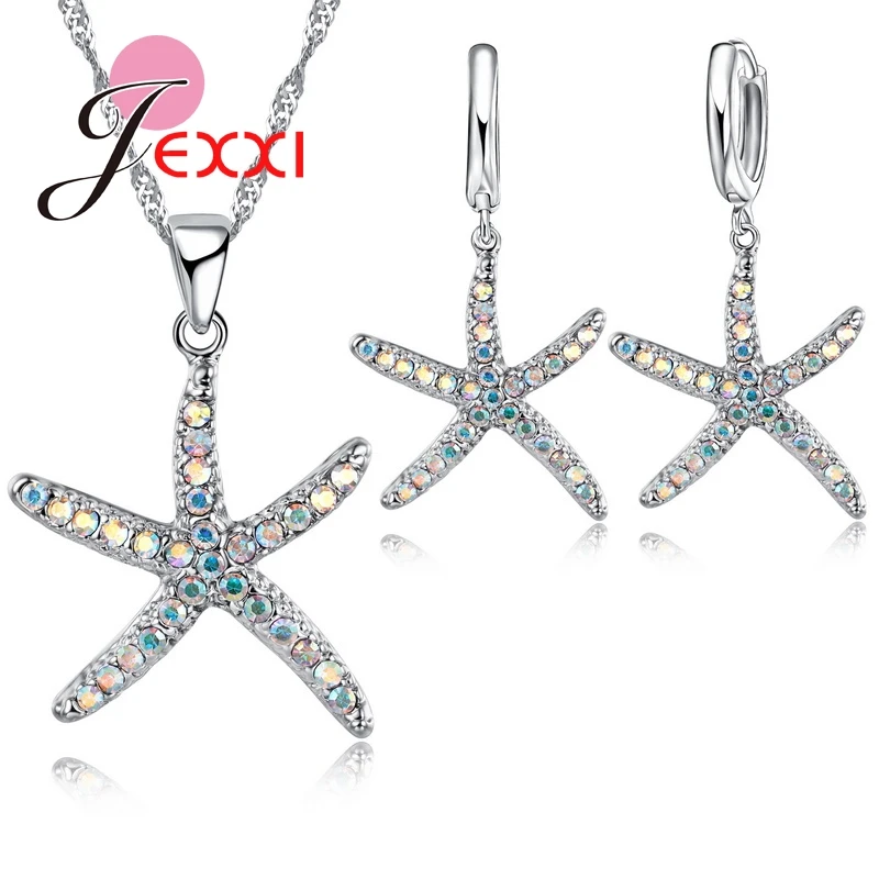 

Cute Birthday Gift Sweet AAA+ CZ Crystal Starfish Pendant Necklace & Earrings 925 Sterling Silver Jewelry Sets For Woman