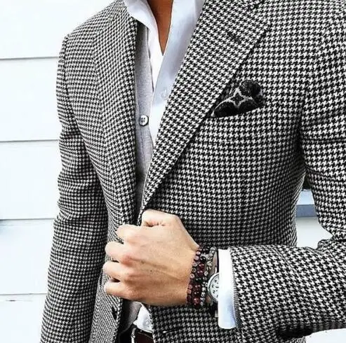 

Custom Made Two Buttons Houndstooth Groom Tuxedos Notch Lapel Groomsmen Mens Wedding Suits Blazers (Jacket+Pants+Tie) W:526
