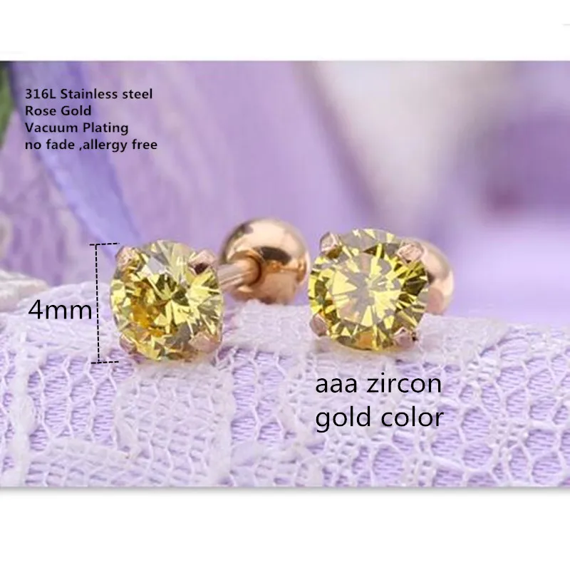 

Titanium 316L Stainless Steel Screw Stud Earrings Rose Gold-color Plated With 4mm Gold AAA Zircon No Fade Allergy Free