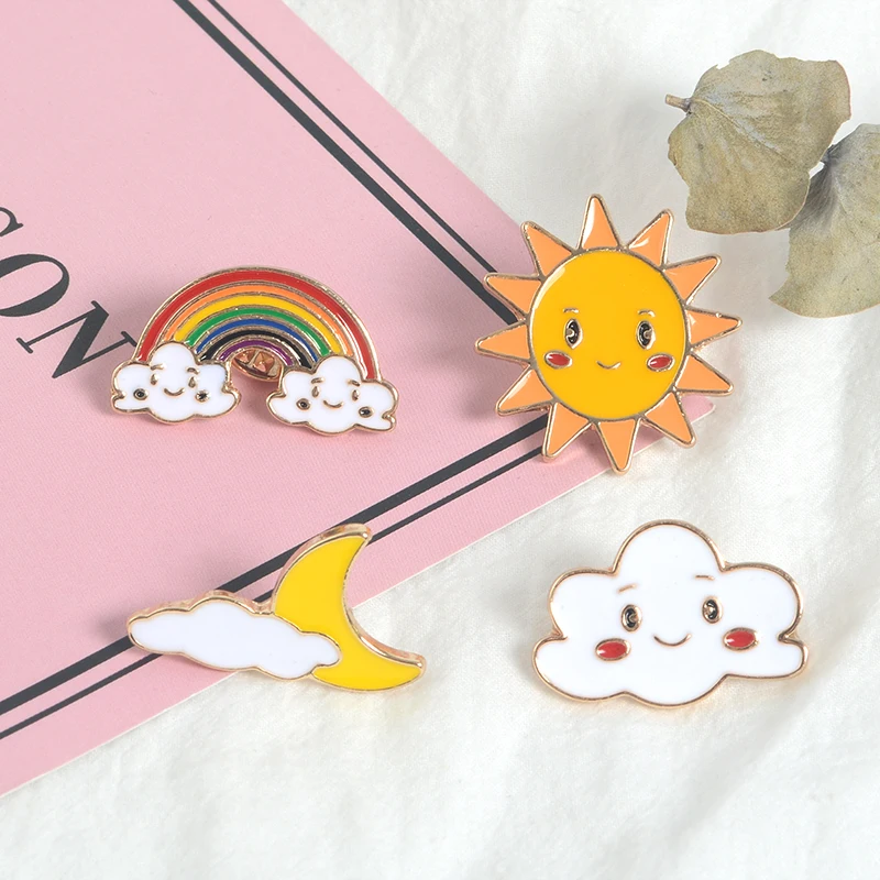 Sun Moon Rainbow Cloud Brooches Enamel Pin Cartoon Weather Smile Lapel Pins Badge Backpack Denim Jackets Jewelry Accessories
Sun Moon Rainbow Cloud Brooches Enamel Pin Cartoon Weather Smile Lapel Pins Badge Backpack Denim Jackets Jewelry Accessories