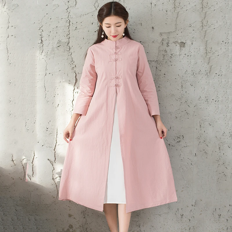 2019 Spring Autumn Ethnic style retro windbreaker jacket woman Standing collar Solid color Cotton linen Long coat cc339
2019 Spring Autumn Ethnic style retro windbreaker jacket woman Standing collar Solid color Cotton linen Long coat cc339