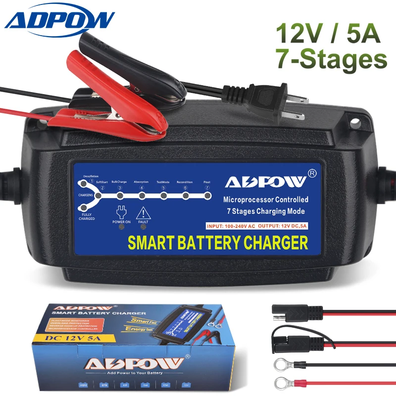 ADPOW Automatic 7 Stages 12v 5A Charger Car For Lead Acid AGM Gel Battery Maintainer Desulfator For Battery Charging Vehicle
ADPOW Automatic 7 Stages 12v 5A Charger Car For Lead Acid AGM Gel Battery Maintainer Desulfator For Battery Charging Vehicle