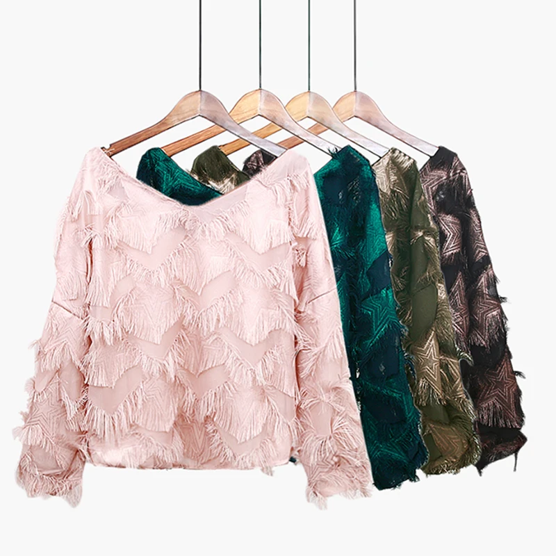 Women Fashion Tassel Blouses Shirts V Neck Feathers Lantern Sleeve Loose Shirt Blouse for Female Ladies
Women Fashion Tassel Blouses Shirts V Neck Feathers Lantern Sleeve Loose Shirt Blouse for Female Ladies