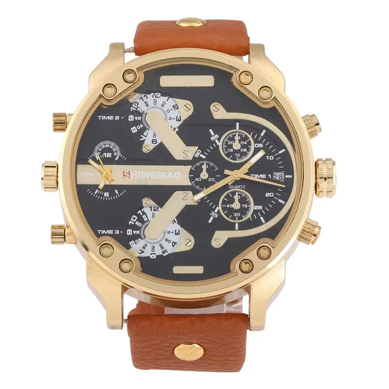 Brand Shiweibao Quartz Watches Men Fashion Watch Leather Strap Golden Case Relogio Masculino Dual Time Zones Military Wristwatch | Наручные