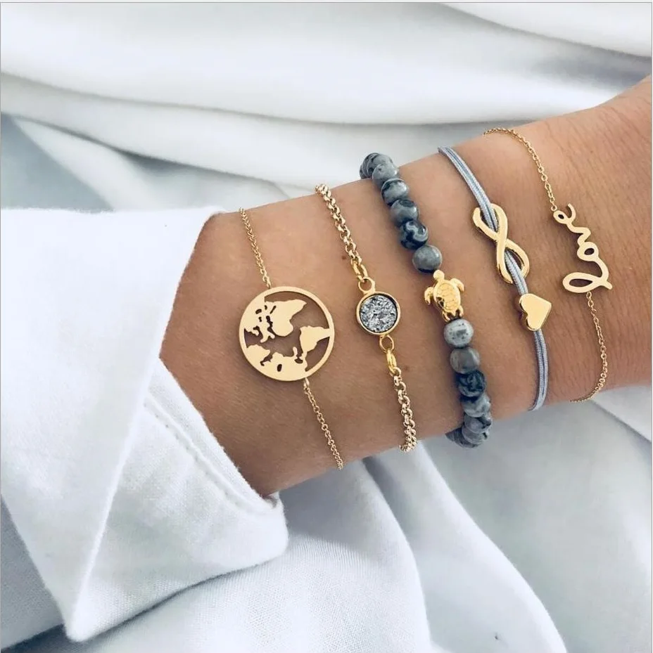 2019 fashion jewelry bracelet sets 5pcs/set grey stone bead strands Love map round accessory with metal plated chain rope
2019 fashion jewelry bracelet sets 5pcs/set grey stone bead strands Love map round accessory with metal plated chain rope