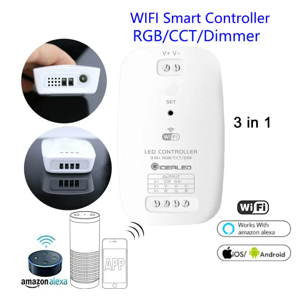 Smart Wifi LED Controller Phone APP RGB CCT Dimmer 3 in 1 Strip Light Controller By Echo plus Alexa Google Home Voice Control
Smart Wifi LED Controller Phone APP RGB CCT Dimmer 3 in 1 Strip Light Controller By Echo plus Alexa Google Home Voice Control