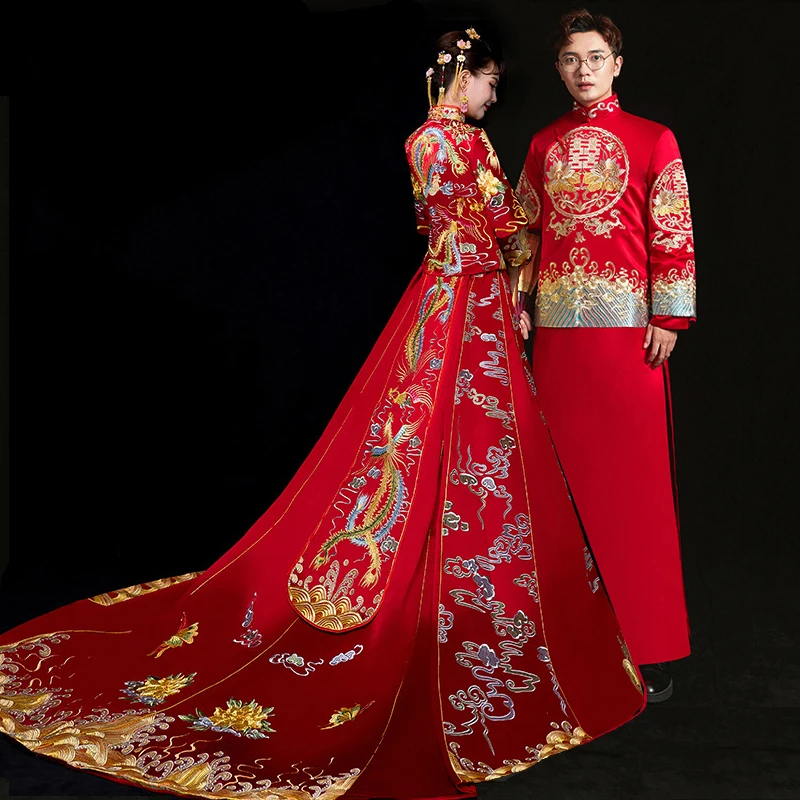 bride wedding dress Traditional chinese style costume Phoenix cheongsam Embroidery clothing Luxury ancient Royal Red Qipao gown |