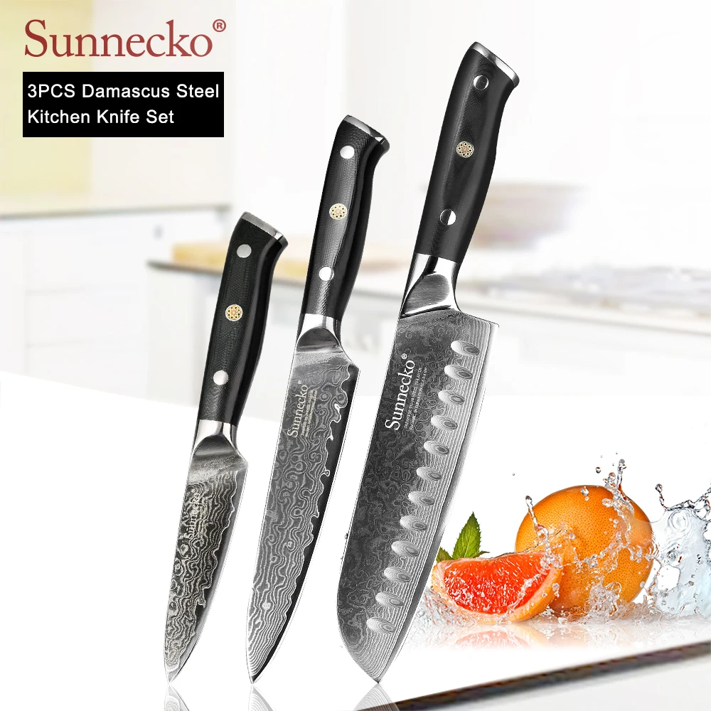 SUNNECKO 3PCS Damascus Kitchen Knives Set Santoku Utility Paring Knife Japanese VG10 Steel G10 Handle Sharp Meat Fruit Cutting
SUNNECKO 3PCS Damascus Kitchen Knives Set Santoku Utility Paring Knife Japanese VG10 Steel G10 Handle Sharp Meat Fruit Cutting