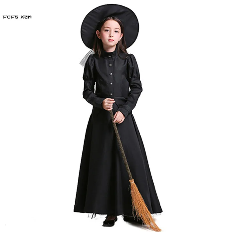 

S-L Girls Halloween Black Sorceress Costumes Kids Children Witch Robes Cosplay Carnival Purim Stage Show Masquerade Party Dress