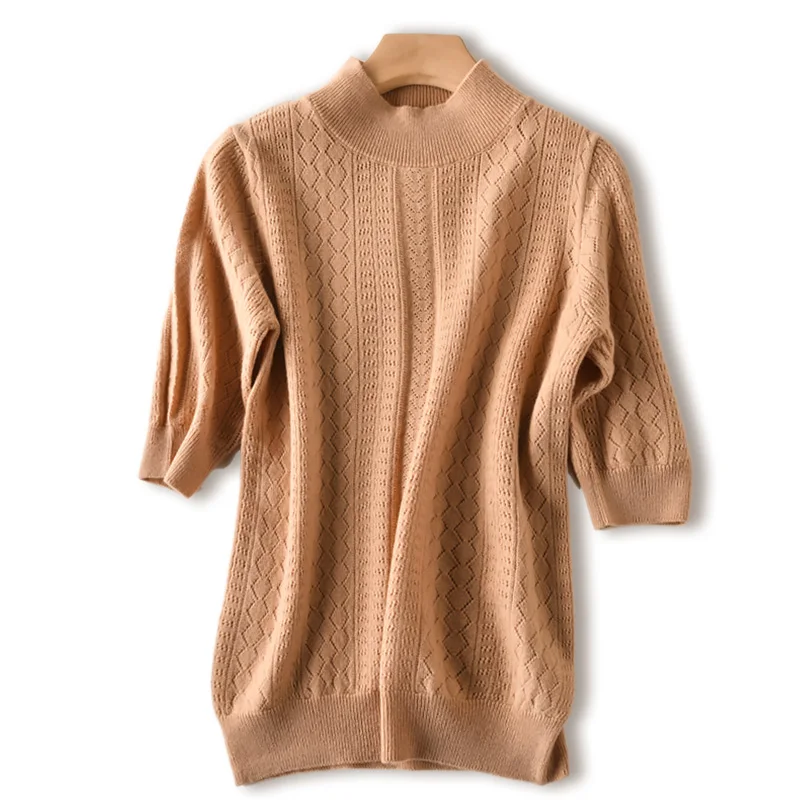 Women's 100% Wool Half Turtleneck Short Sleeve Knitted Hallow Out T-shirt Pullover Base Tee Sweater Jumper High-end Pure Merino
Women's 100% Wool Half Turtleneck Short Sleeve Knitted Hallow Out T-shirt Pullover Base Tee Sweater Jumper High-end Pure Merino