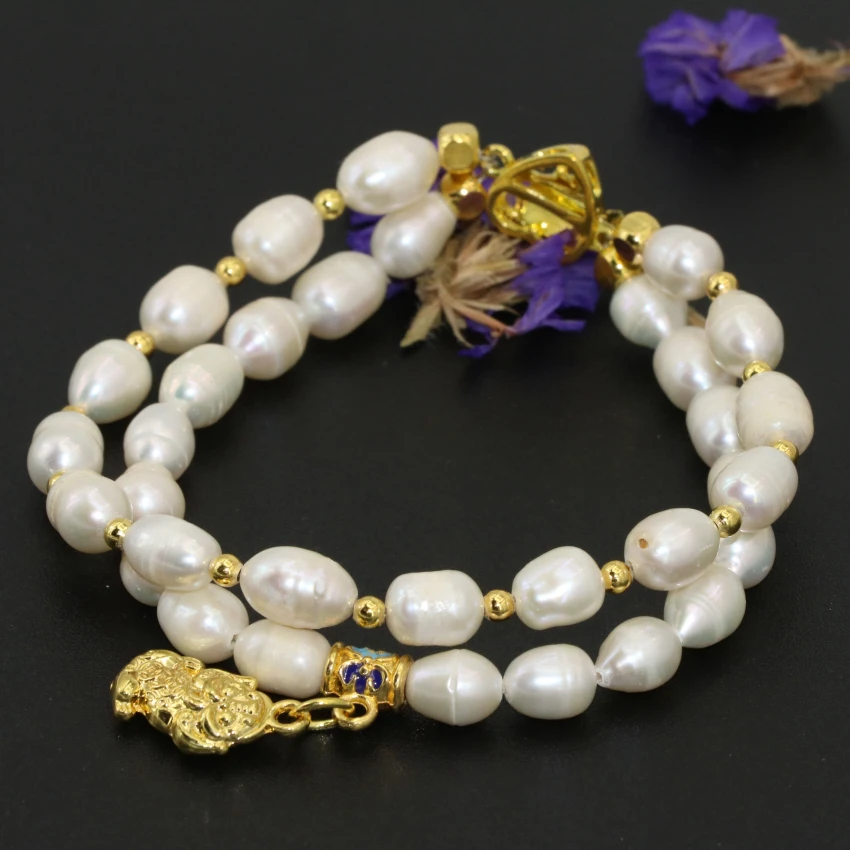 Wholesale price 7-8mm white natural freshwater cultured barrel rice pearl two rows clasp bracelets jewelry 8inch B2759 | Украшения и