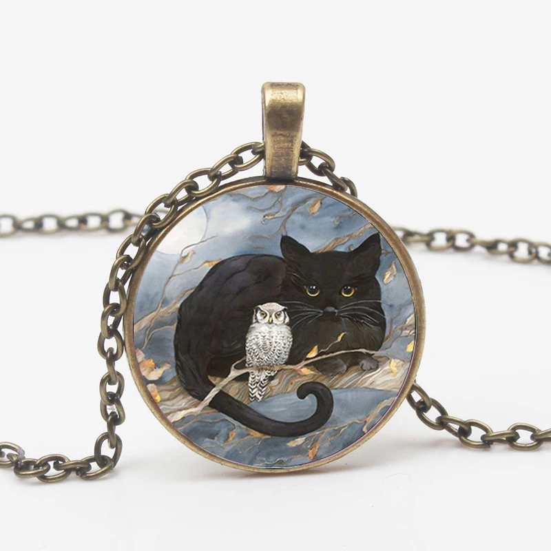 Модное ожерелье с изображением черной кошки и совы Гламурная картина