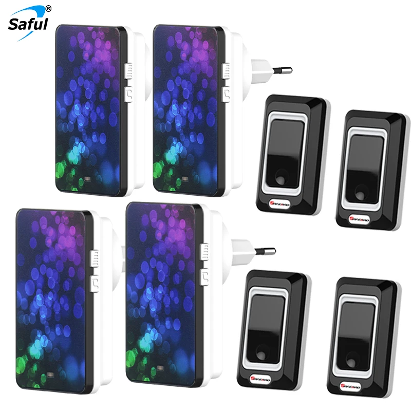 Saful Waterproof Push Button Doorbell EU/US/UK/AU Plug-in Wireless 4 Outdoor Transmitters + 4 Indoor Receivers
Saful Waterproof Push Button Doorbell EU/US/UK/AU Plug-in Wireless 4 Outdoor Transmitters + 4 Indoor Receivers
