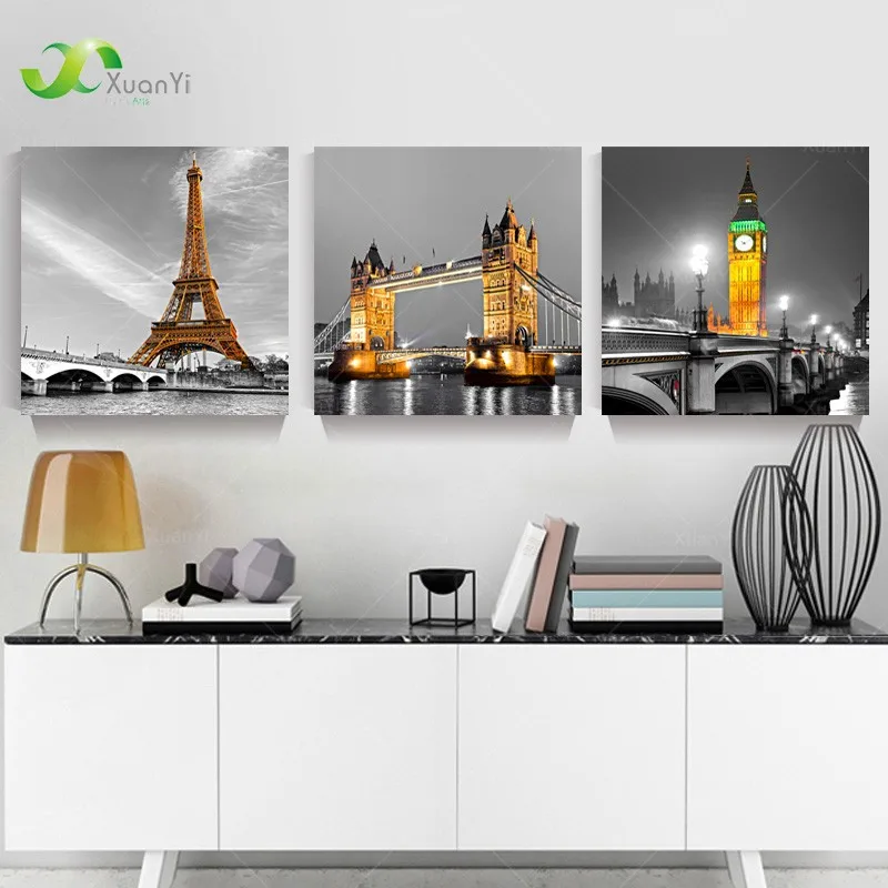 

3 Panel Paris Effiel Tower Canvas Painting London Big Ben City Building Bridge Landscape Wall Art Modern Painting Unframed