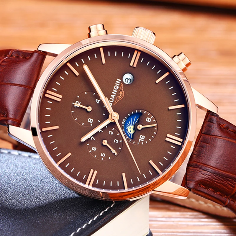 

relogio masculino GUANQIN Luxury Brand Automatic Self-Wind Watch Men Casual Moon Phase Function Leather Strap Male Wristwatch