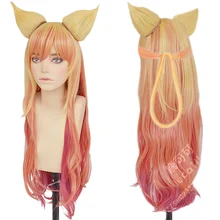 100cm Ombre Wavy Long Wig Game LOL Ahri Gumiho Fox Star Guardian Heat Resistant Hair Cosplay Costume Wig   Ears