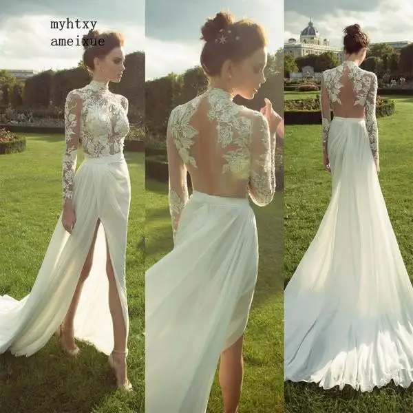 Sexy Boho Long Sleeve Wedding Dress 2020 Robe De Mariee Vintage Lace Top Side Split Bridal Dress Puffy Chiffon Wedding Dresses
Sexy Boho Long Sleeve Wedding Dress 2020 Robe De Mariee Vintage Lace Top Side Split Bridal Dress Puffy Chiffon Wedding Dresses