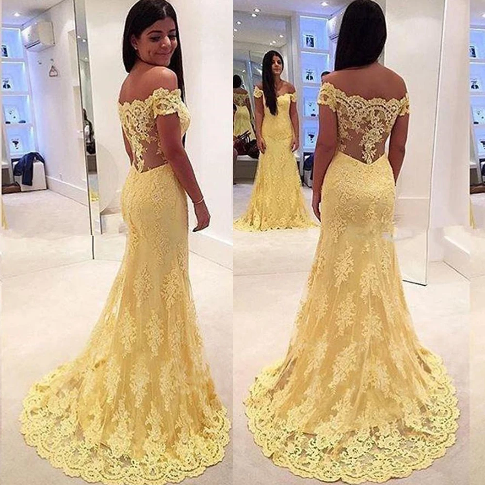Off Shoulder Mermaid Prom Dresses Floor Length Yellow Lace Applique Sweep Train Evening Formal Party Dress Vestido De Fiesta
Off Shoulder Mermaid Prom Dresses Floor Length Yellow Lace Applique Sweep Train Evening Formal Party Dress Vestido De Fiesta