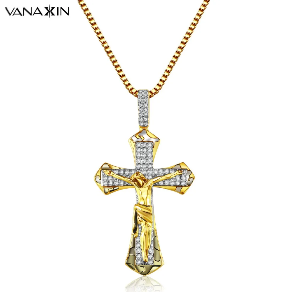 

VANAXIN Copper Gold Plated Cross Pendant Christ Jesus Necklace Men's Jewelry Vintage Cubic Zirconia Pendant