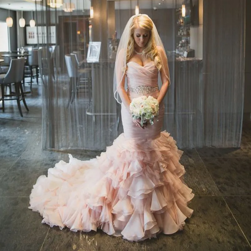 Beautiful Pink Mermaid Organza Ruffles Wedding Dresses Country Sweetheart Beaded Sash Rustic Bridal Gowns Lace Up Plus Size 2019
Beautiful Pink Mermaid Organza Ruffles Wedding Dresses Country Sweetheart Beaded Sash Rustic Bridal Gowns Lace Up Plus Size 2019