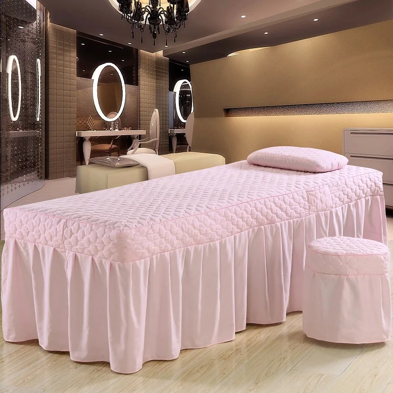 

One Piece Brief Cotton Embroidey Beauty Bed Skirt 70*190cm Beauty Salon Bedspread with Hole Customized Size Pink Color