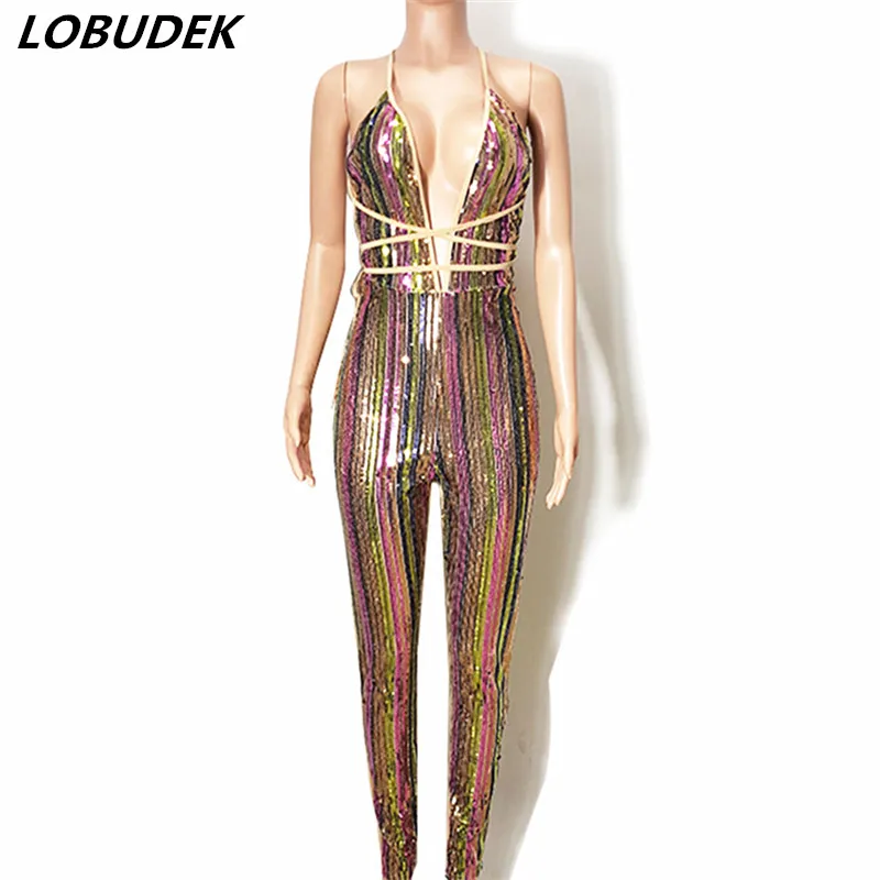 Sexy V-neck Women's Colorful Striped Sequins Strap Jumpsuit Nightclub Lady Backless Outfit DJ Singer Modern Dance Stage Costume
Sexy V-neck Women's Colorful Striped Sequins Strap Jumpsuit Nightclub Lady Backless Outfit DJ Singer Modern Dance Stage Costume