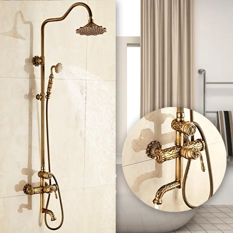 

New Arrival luxury Retro Carved Bathroom Faucet Wall Mounted Carving Hand Held Antique Brass Shower Head Kit Shower Faucet Set