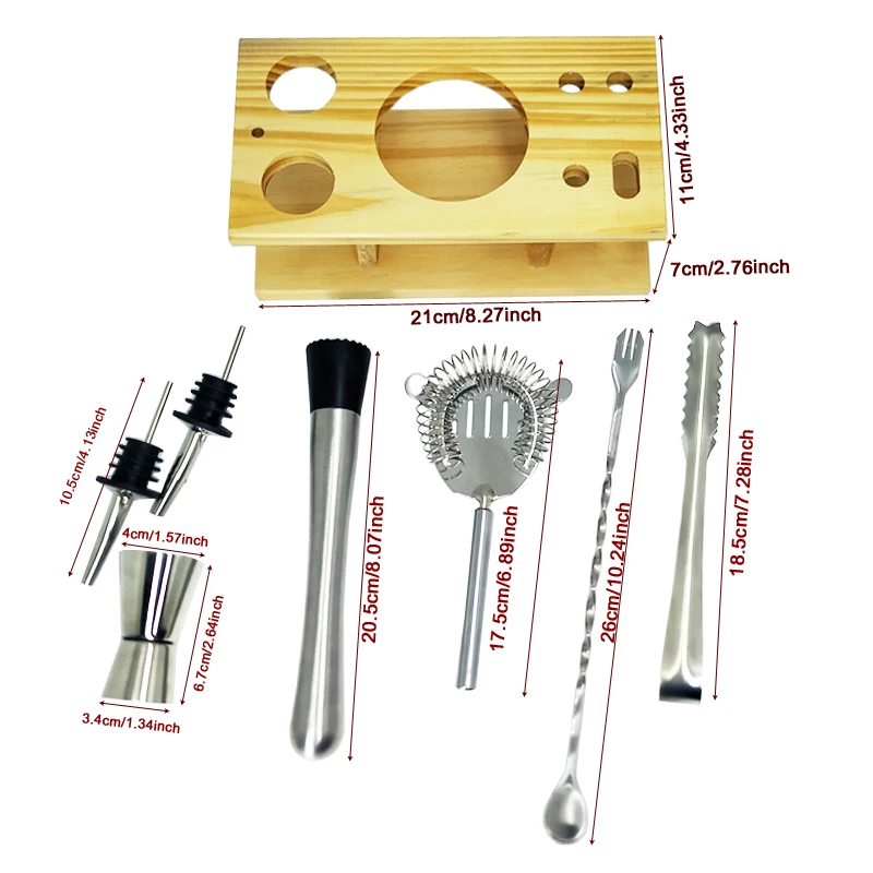 2- 9 Piece Stainless Steel Bartender Set with Wood Base Bar Accessories Cocktail Bar Tool Set
2- 9 Piece Stainless Steel Bartender Set with Wood Base Bar Accessories Cocktail Bar Tool Set