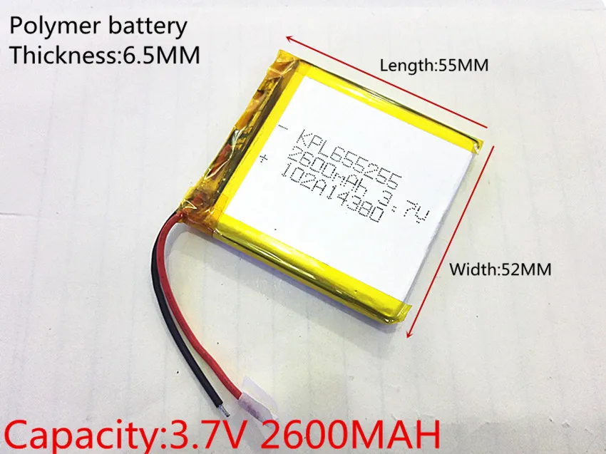 3.7V 2500mAh 655255 Lithium Polymer Li-Po li ion Rechargeable Battery cells For Mp3 MP4 MP5 GPS PSP mobile bluetooth
3.7V 2500mAh 655255 Lithium Polymer Li-Po li ion Rechargeable Battery cells For Mp3 MP4 MP5 GPS PSP mobile bluetooth