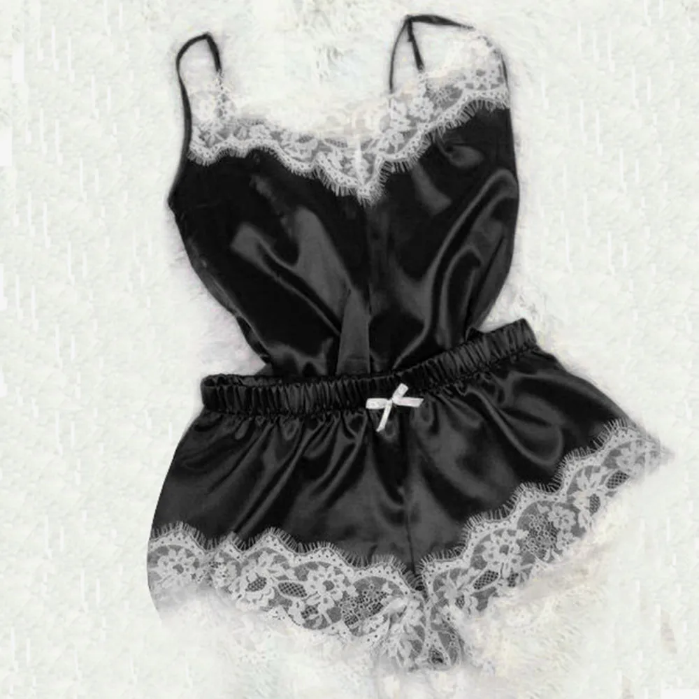 Новинка женская пижама Сексуальный Атласный пижамный комплект Черная кружевная